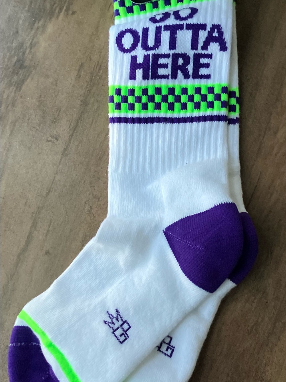 White Athletic Crew Socks with Purple & Neon Green Accents